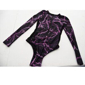 Fashion Nova Long Sleeve Black and Purple Lightning Pattern Swimsuit
